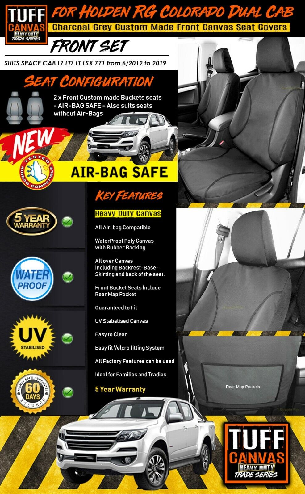 TUFF HD TRADE Canvas Seat Covers Front For Holden RG Colorado LZ LTZ LT Z71 6/2012-2019 Charcoal