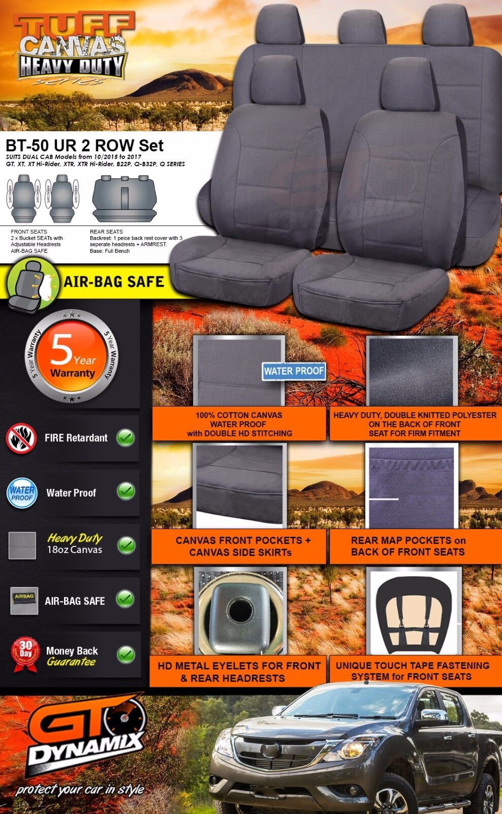 Tuff HD Canvas Seat Covers 2 Row For Mazda BT-50 UR Dual Cab 10/2015-2019 BT50 Charcoal