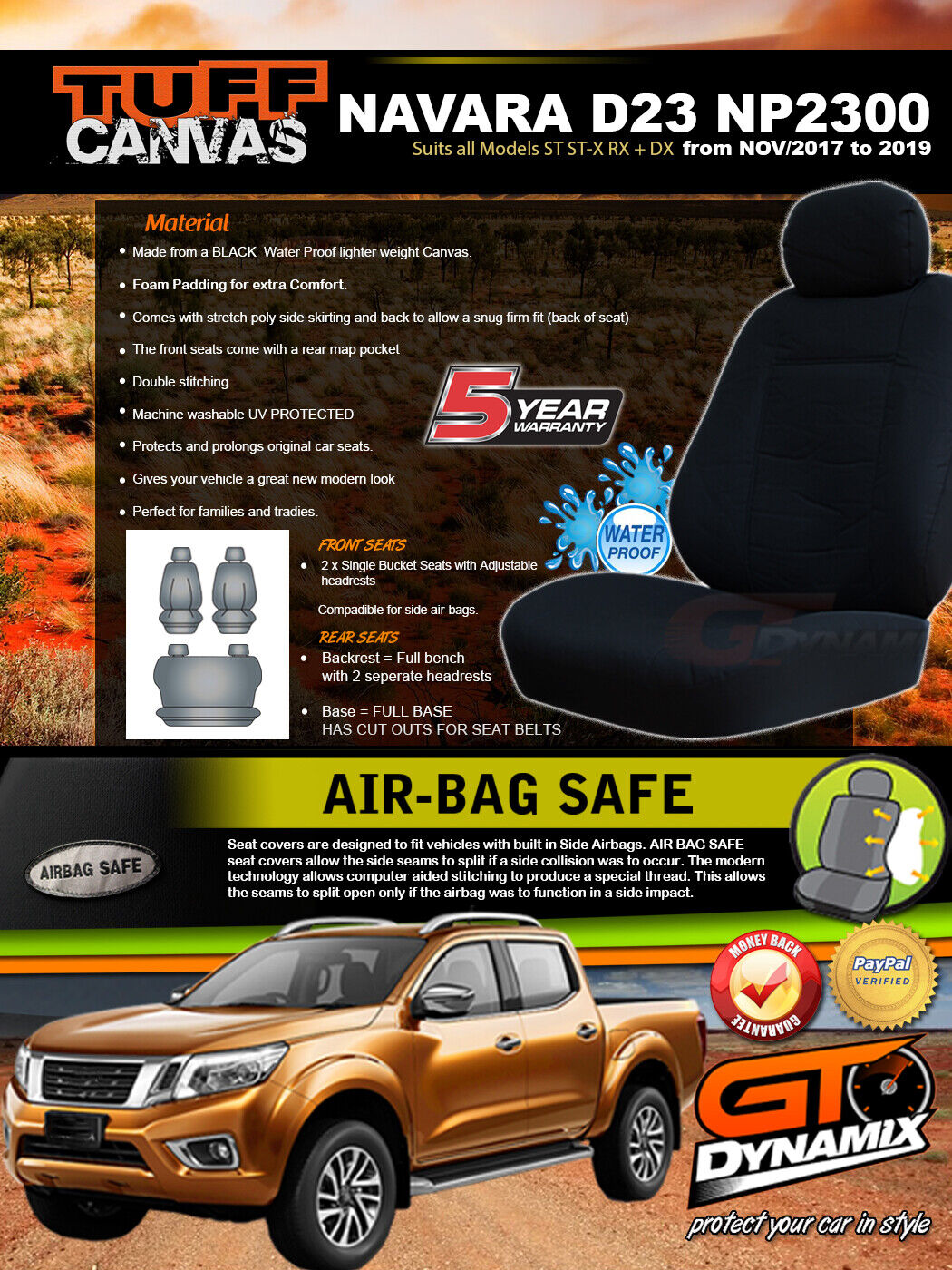 Tuff Canvas Seat Covers 2 Rows For Nissan Navara D23 NP300 Dual Cab ST ST-X RX DX 11/2017-20 Black