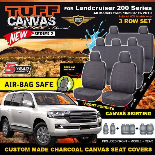 Charcoal Tuff Canvas S2 Seat Covers 3 Rows For Toyota Landcruiser 200 Series GXL 2007-2020