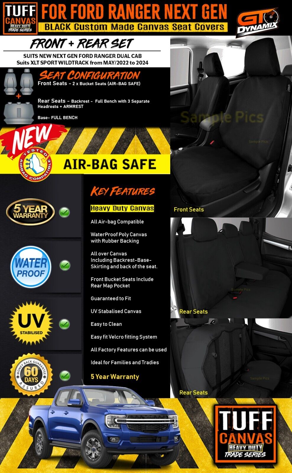 TUFF HD TRADE Canvas Seat Covers 2 Rows For Ford NEXT GEN Ranger XLT SPORT 5/2022-2024 Black