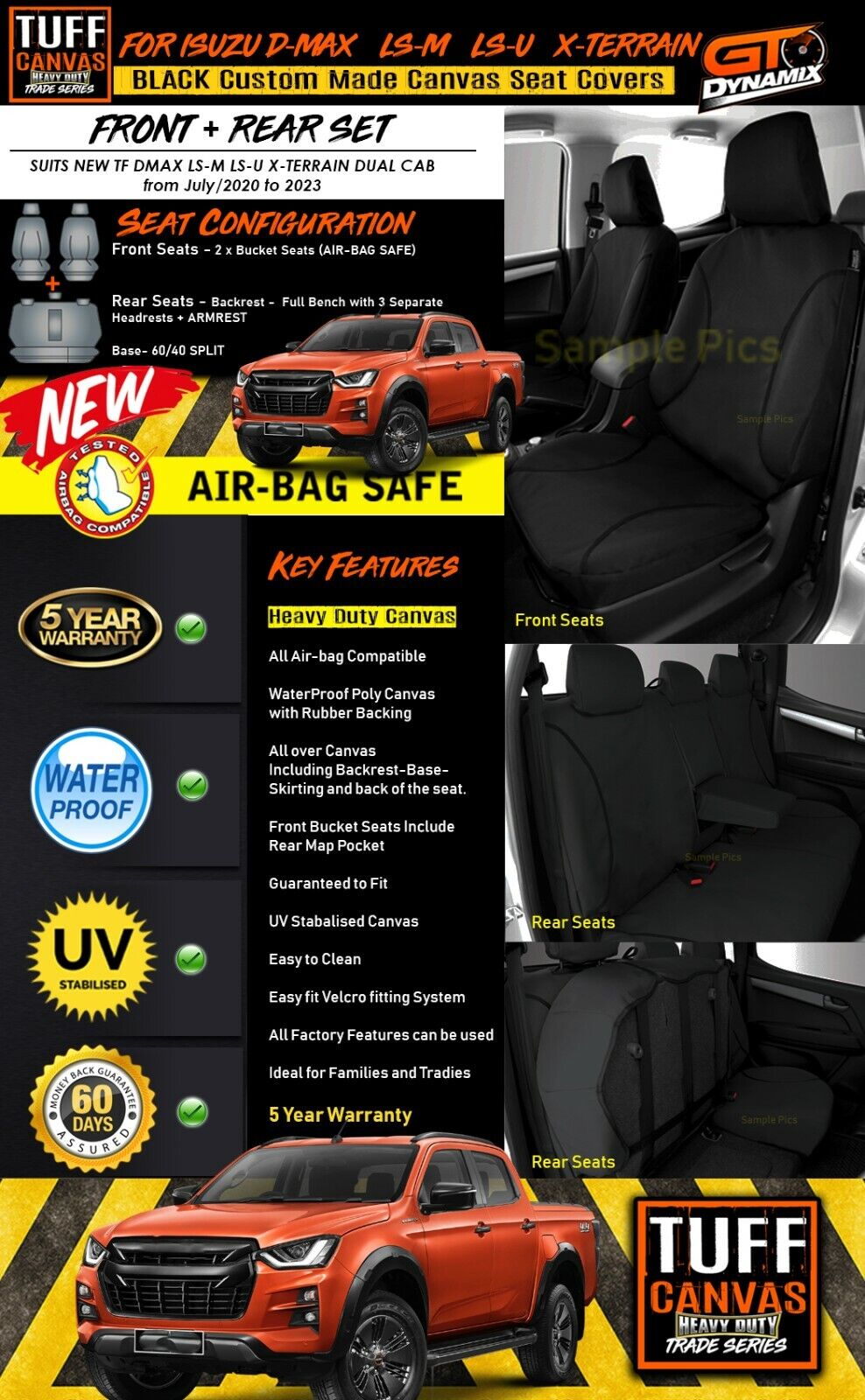 Tuff HD TRADE Canvas Seat Covers 2 Row + Dash Mat For Isuzu DMAX TF W/LID 2020-2024 DM1589 Black