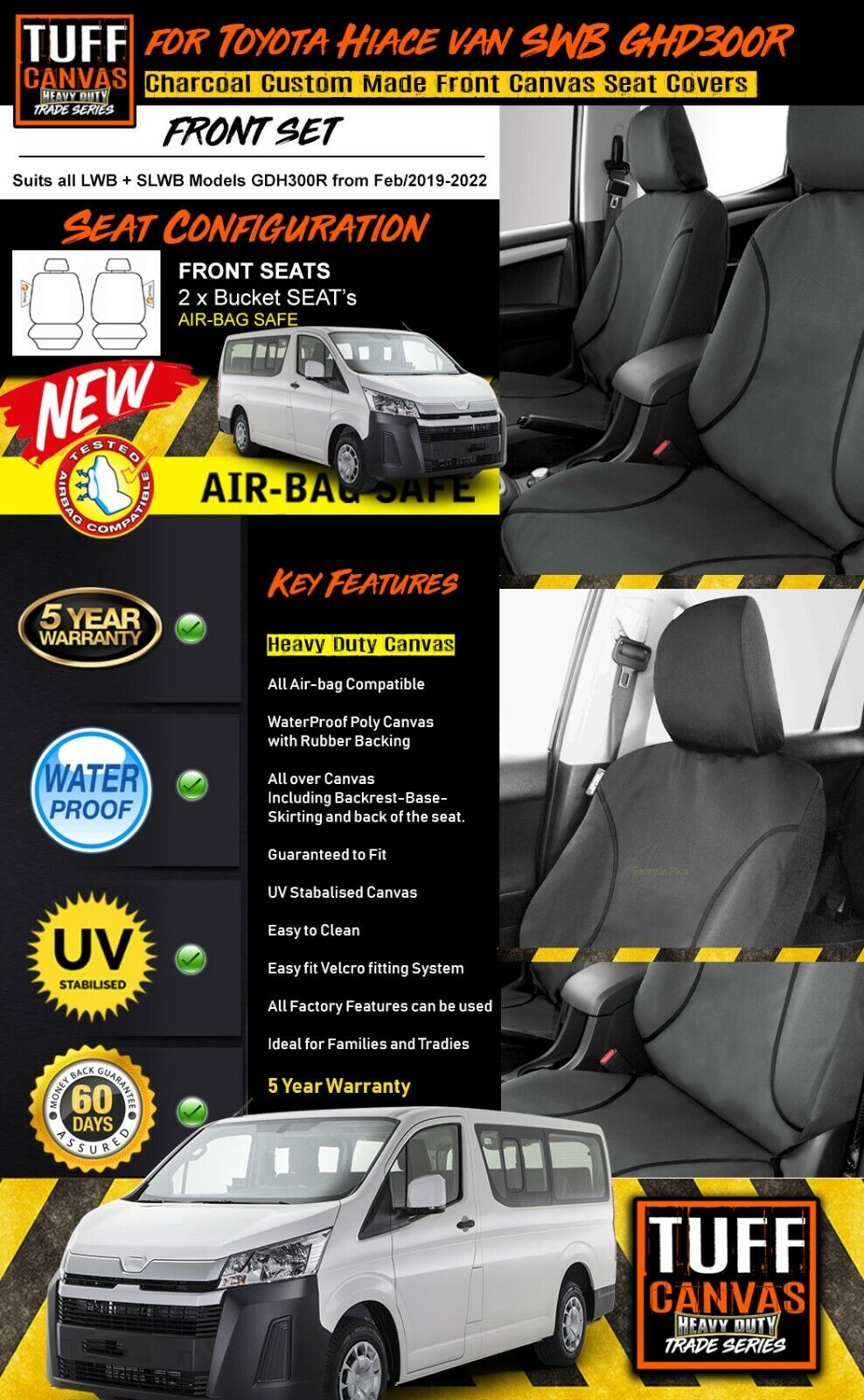 TUFF HD TRADE Canvas Seat Covers Front For TOYOTA HIACE VAN LWB +SLWB GDH300R 2019-2023 Charcoal