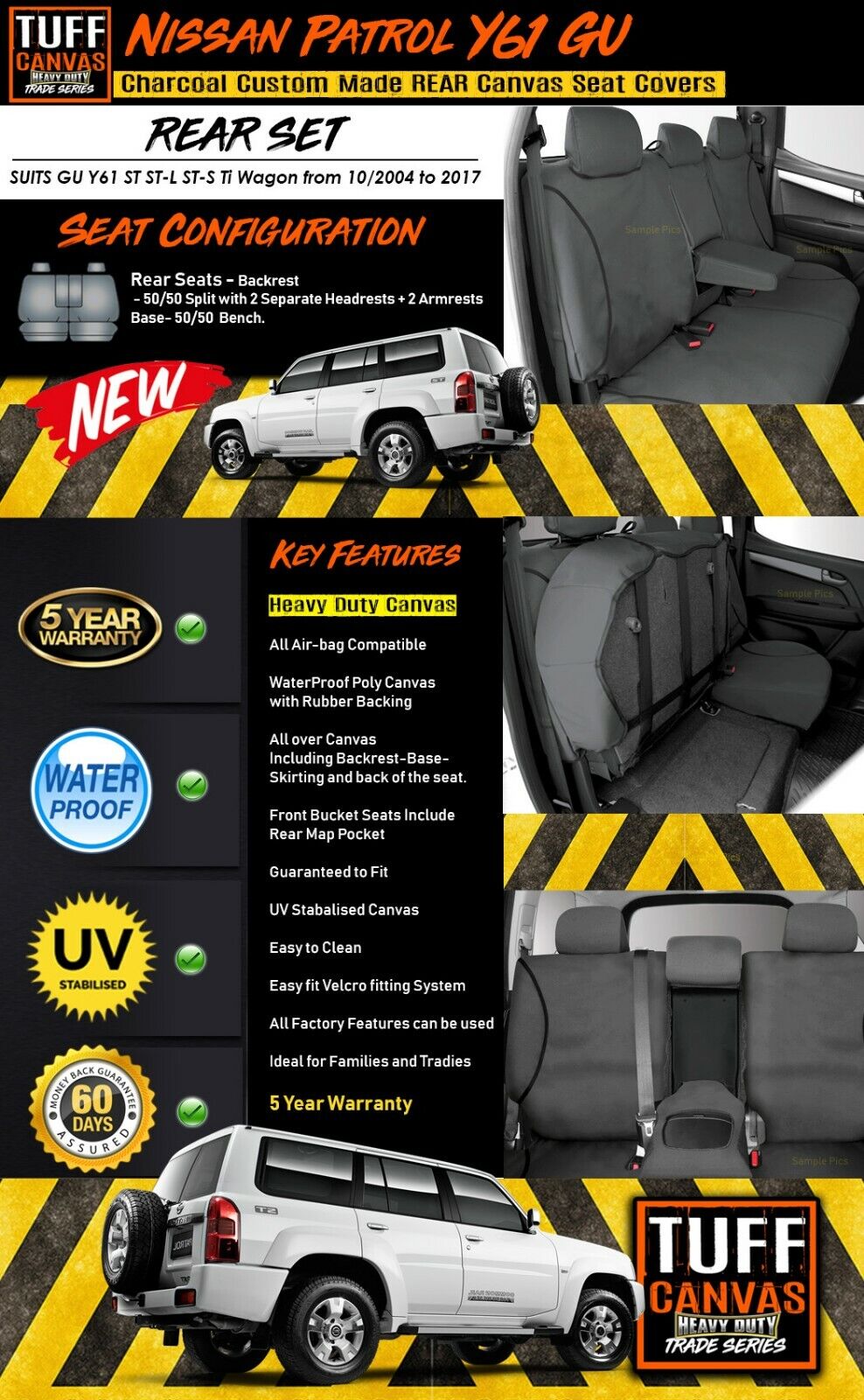 TUFF HD TRADE Canvas Seat Covers 2nd Row For Nissan Patrol GU Y61 ST ST-L Ti ST-S 2004-2017 Charcoal
