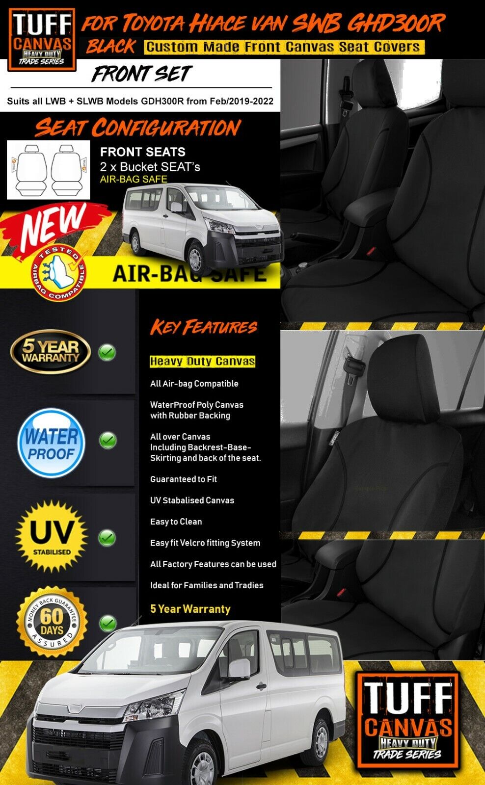 TUFF HD TRADE Canvas Seat Covers Front For Toyota HIACE VAN CREW VAN 2/2019-2023 Black