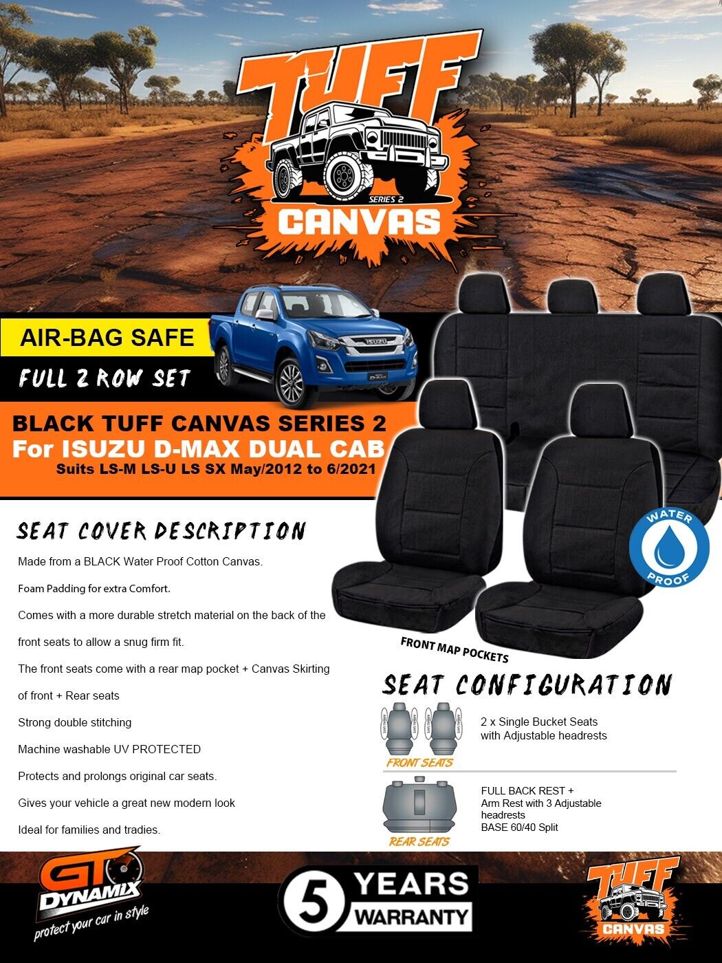 Black Tuff Canvas S2 Seat Covers 2 Rows For Isuzu DMAX Dual Cab LS-U 5/2012-6/2021 D-MAX