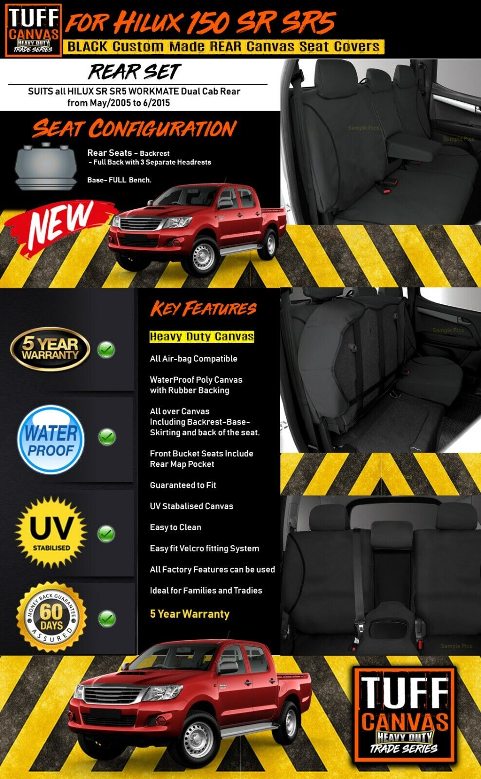 TUFF HD TRADE Canvas Seat Covers Rear For Toyota Hilux 150 SR SR5 5/2005-6/2015 Black