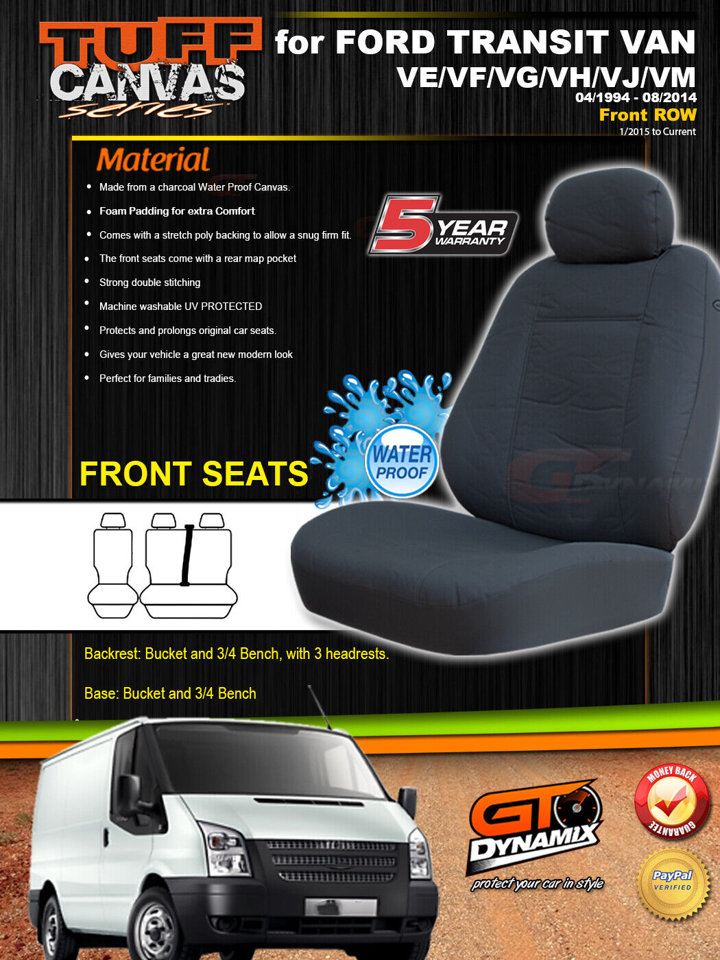 Tuff Canvas Seat Covers Front For Ford TRANSIT VAN VE VF VG VH VJ VM 4 1994-8 2014 Charcoal