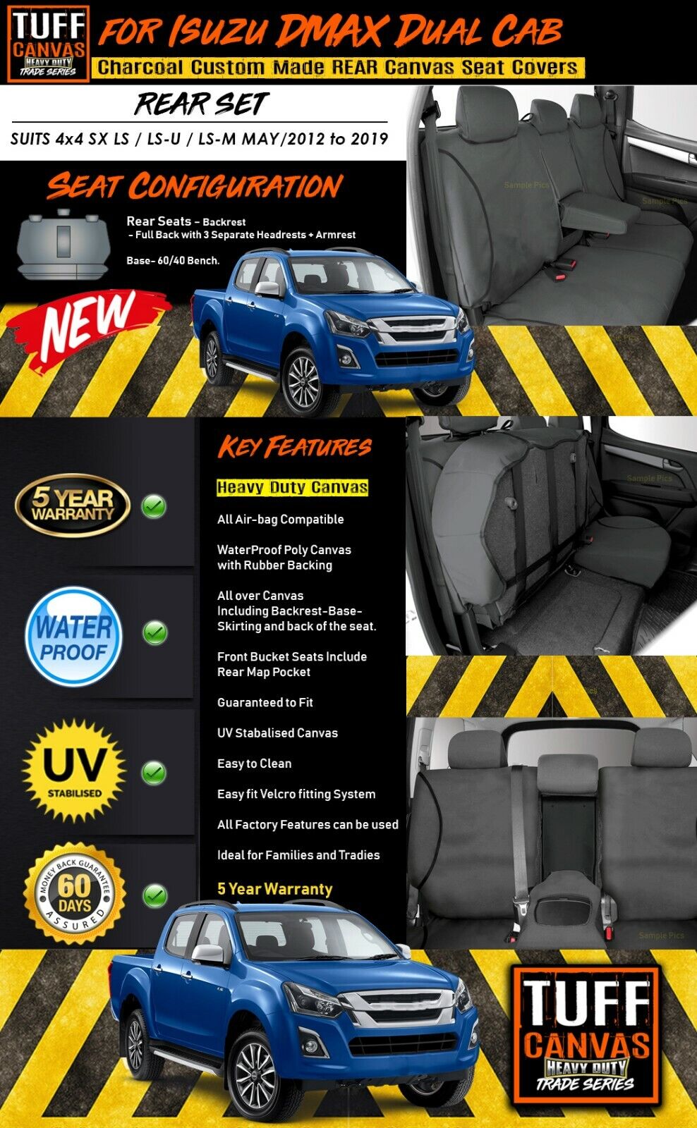 TUFF HD TRADE Canvas Seat Covers Rear For Isuzu D-MAX DMAX Dual Cab SX LX 5/2012-6/2021 Charcoal