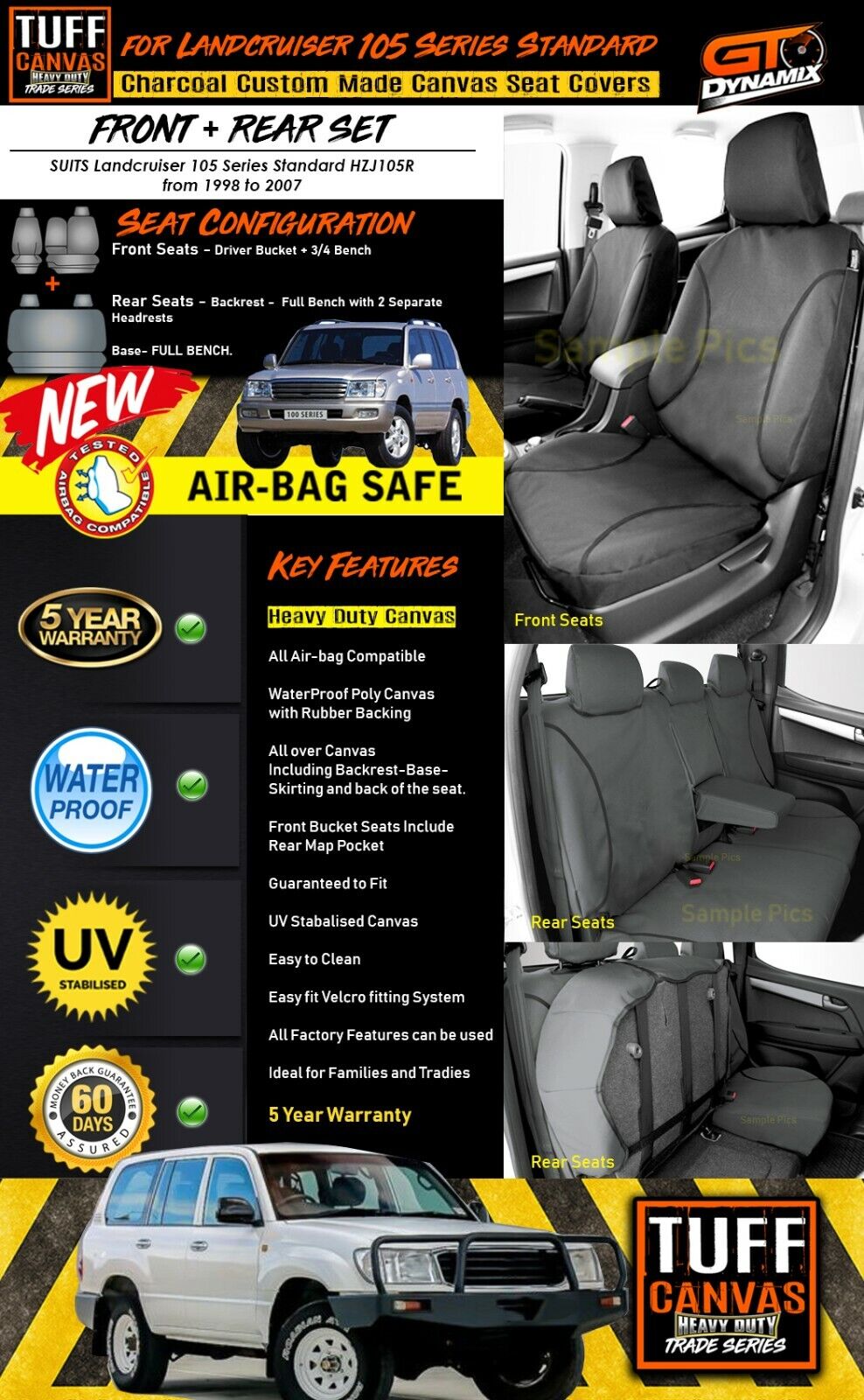 TUFF HD TRADE Canvas Seat Covers 2 Rows For Toyota Landcruiser 105 HZJ105R Charcoal