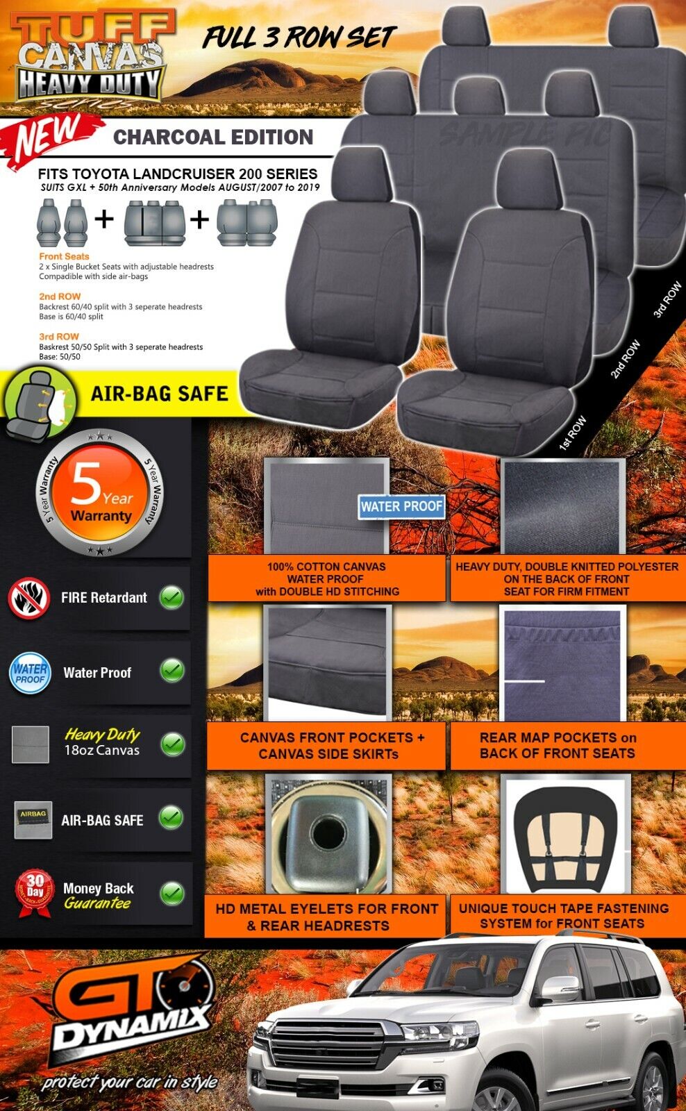 Tuff HD Canvas Seat Covers 3 Rows For Toyota Landcruiser 200 Series GXL 8/2007-2021 Charcoal
