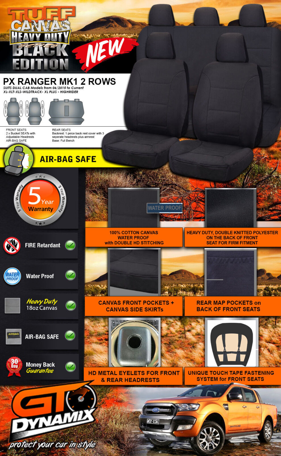 Tuff HD Canvas Seat Covers 2 Rows For Ford PX RANGER MK2 Dual Cab XLT 6/2015-2020 Black