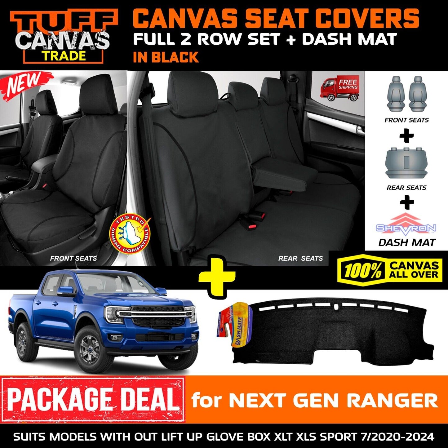 Tuff HD TRADE Canvas Seat Covers 2 Row + Dash Mat For Ford Ranger Next Gen SPORT DM1650 Black