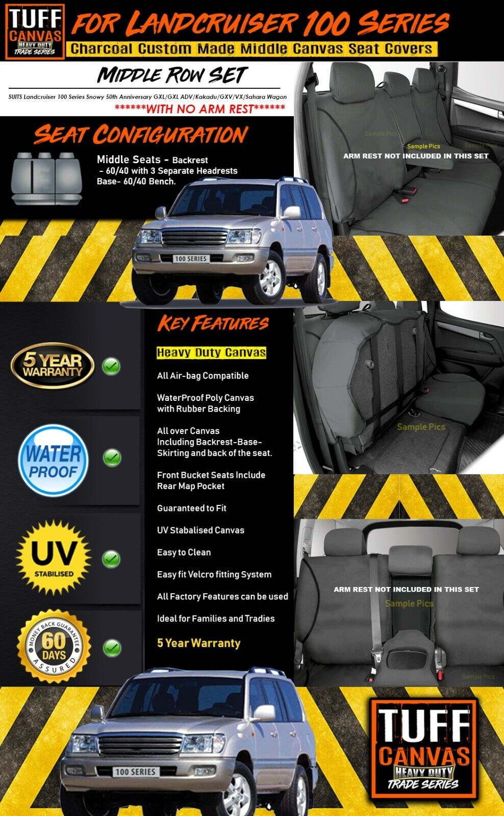 TUFF HD TRADE Canvas Seat Covers 2nd Row For Toyota Landcruiser 100 Series NO ARMREST Charcoal