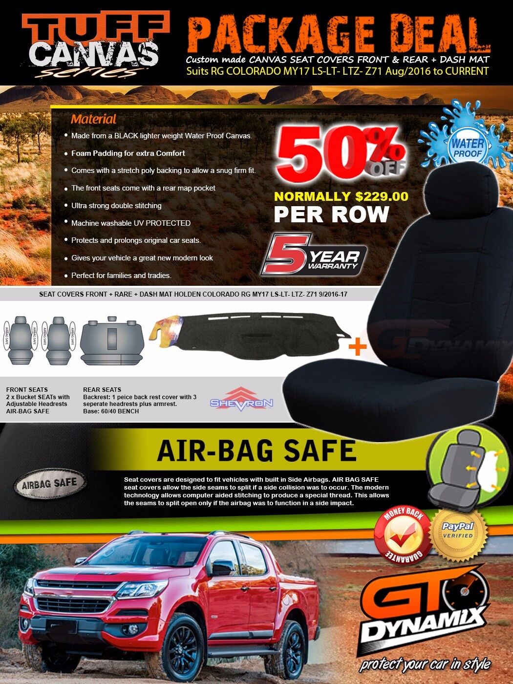 Tuff Canvas Seat Covers 2 Row + Dash Mat For Holden RG Colorado 7/2016-ON NO HUD Black