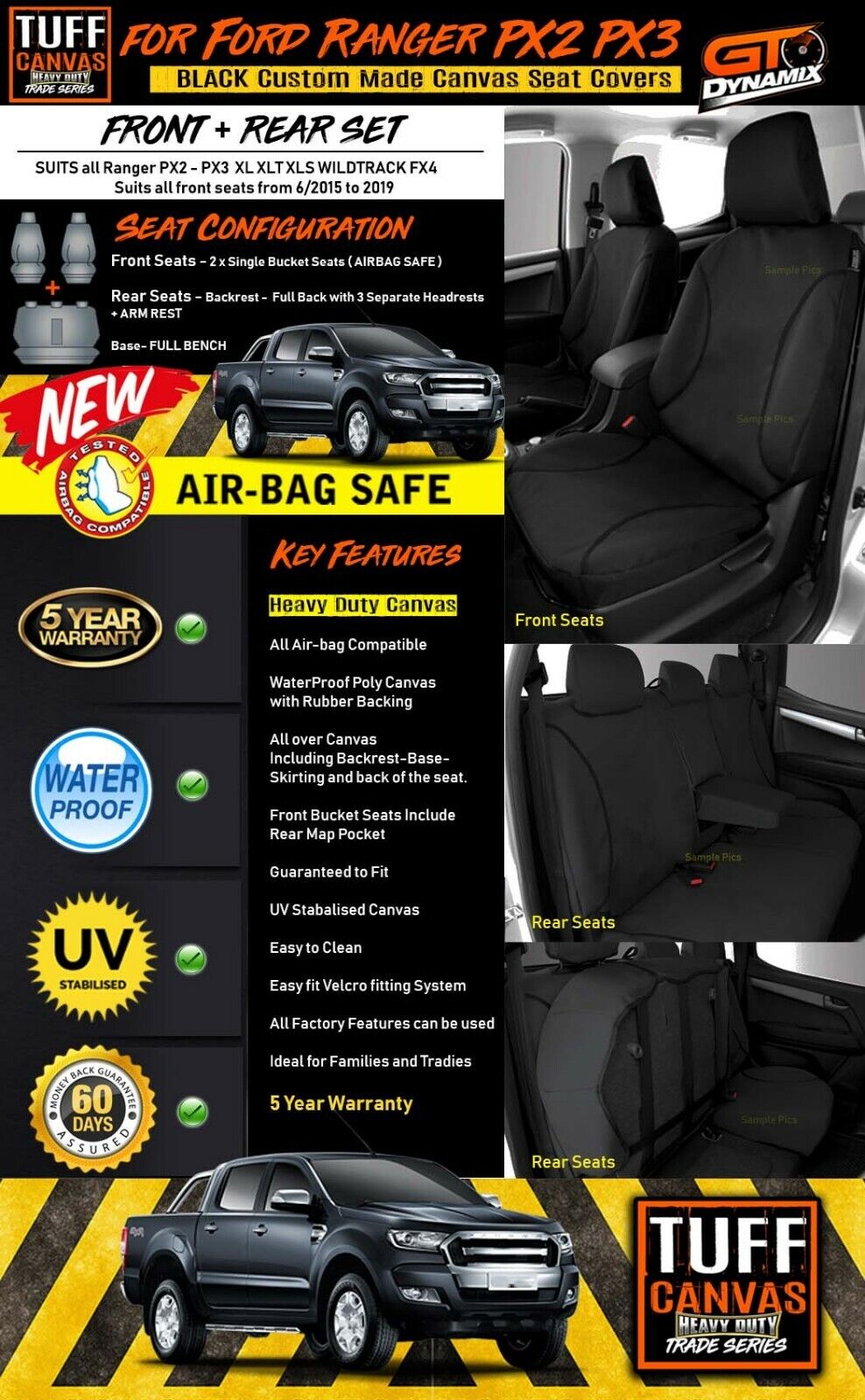 TUFF HD TRADE Canvas Seat Covers 2 Rows For Ford PX2 PX3 RANGER XLT XL 6/2015-2021 Black