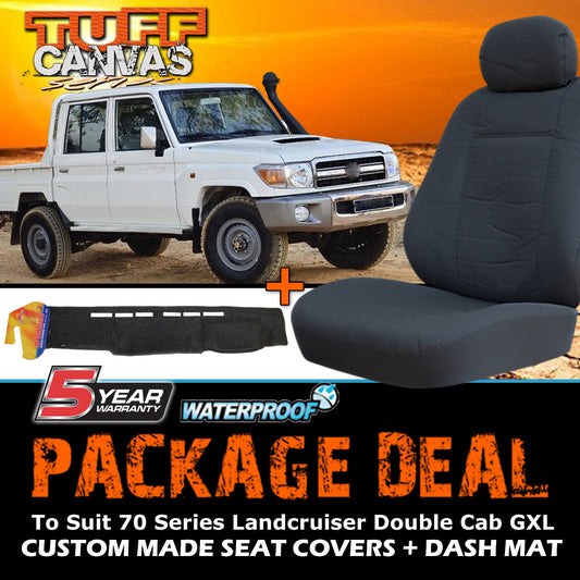 Tuff Canvas Seat Covers 2 Row + Dash Mat For Toyota Landcruiser 70 Series GXL 10/2012-ON Charcoal