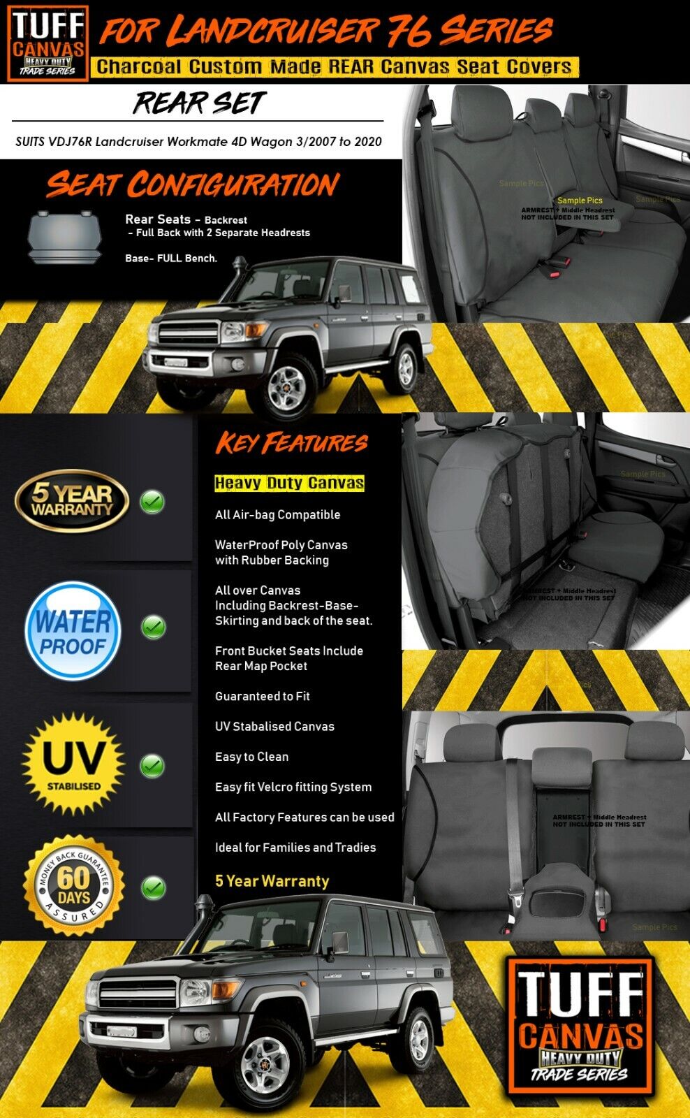 TUFF HD TRADE Canvas Seat Covers Rear For Toyota Landcruiser 76 Series GXL VDJ76R 2007-2020 Charcoal