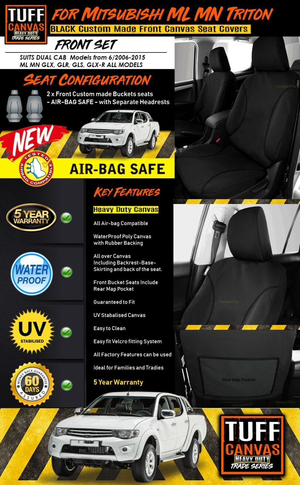 TUFF HD TRADE Canvas Seat Covers Front For Mitsubishi Triton ML MN GLX GLR GLX-R 2006-2015 Black