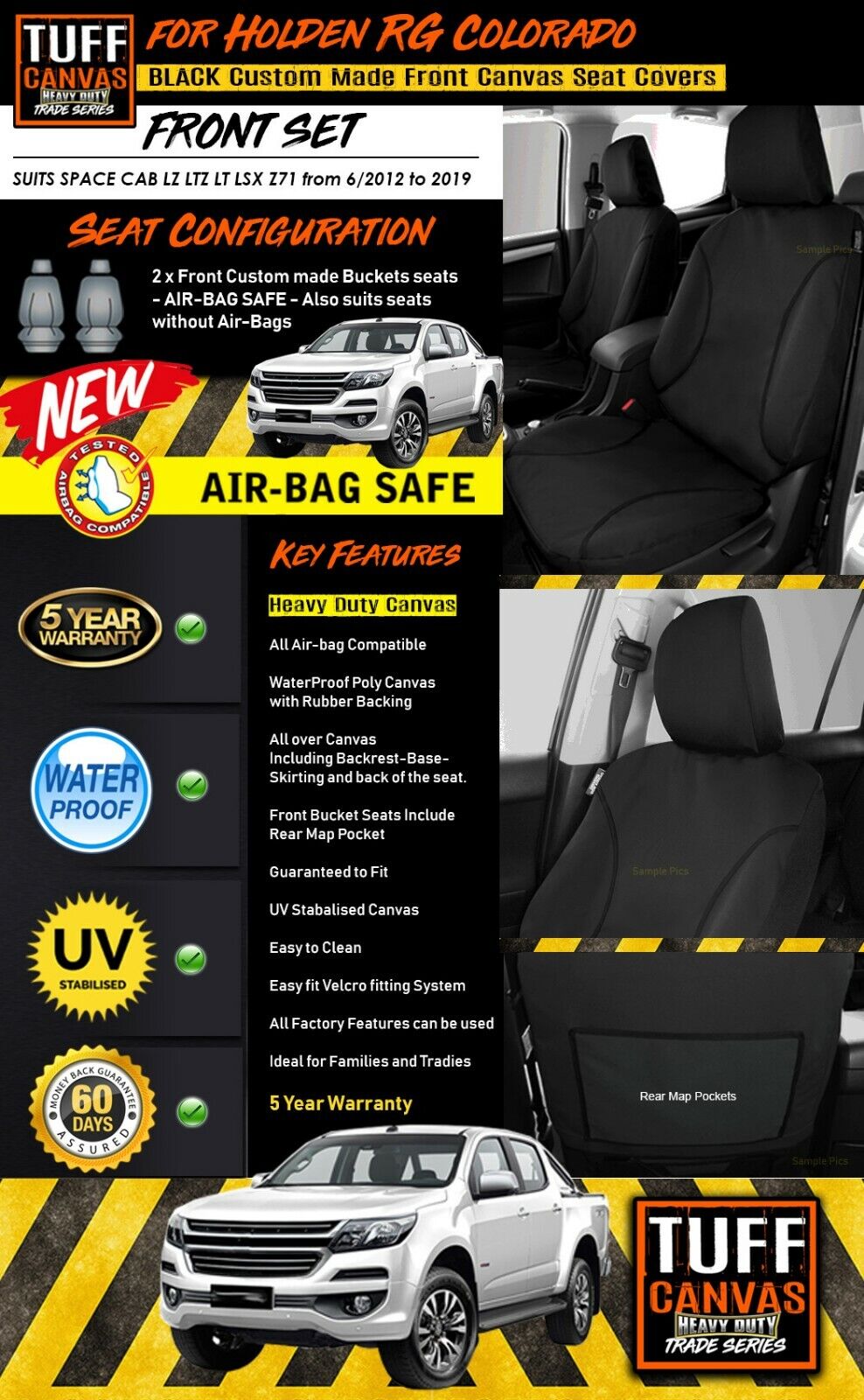 TUFF HD TRADE Canvas Seat Covers Front For Holden RG Colorado Space Cab 6/2012-2019 Black