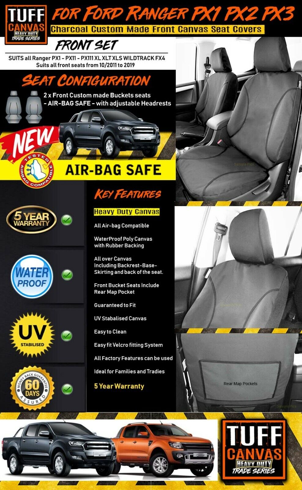 TUFF HD TRADE Canvas Seat Covers Front For Ford Ranger MK1 MK2 MK3 XLT XL 2011-22 Charcoal