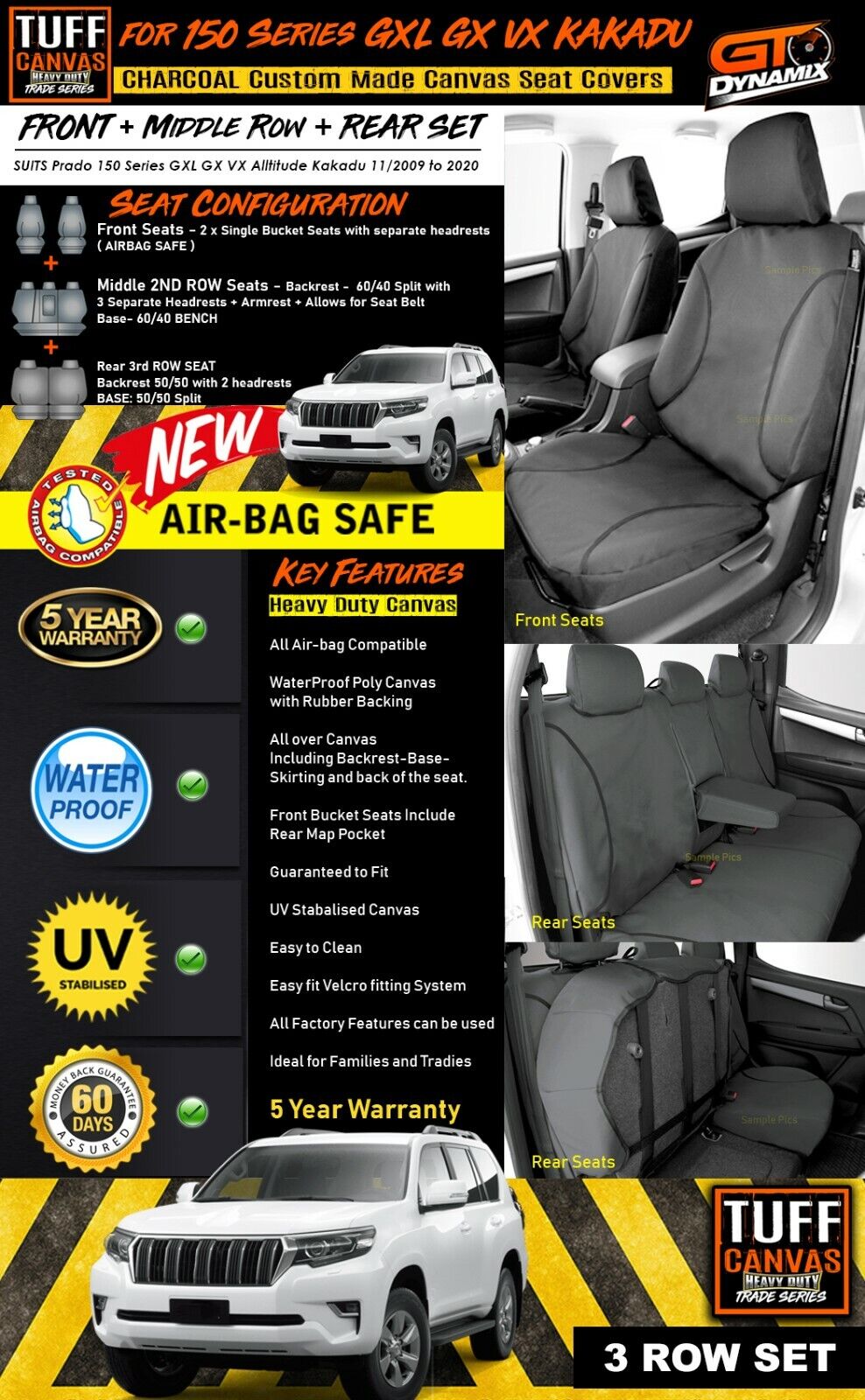 TUFF HD TRADE Canvas Seat Covers 3 Rows For Toyota Prado 150 GXL VX Kakadu 2009-2021 Charcoal