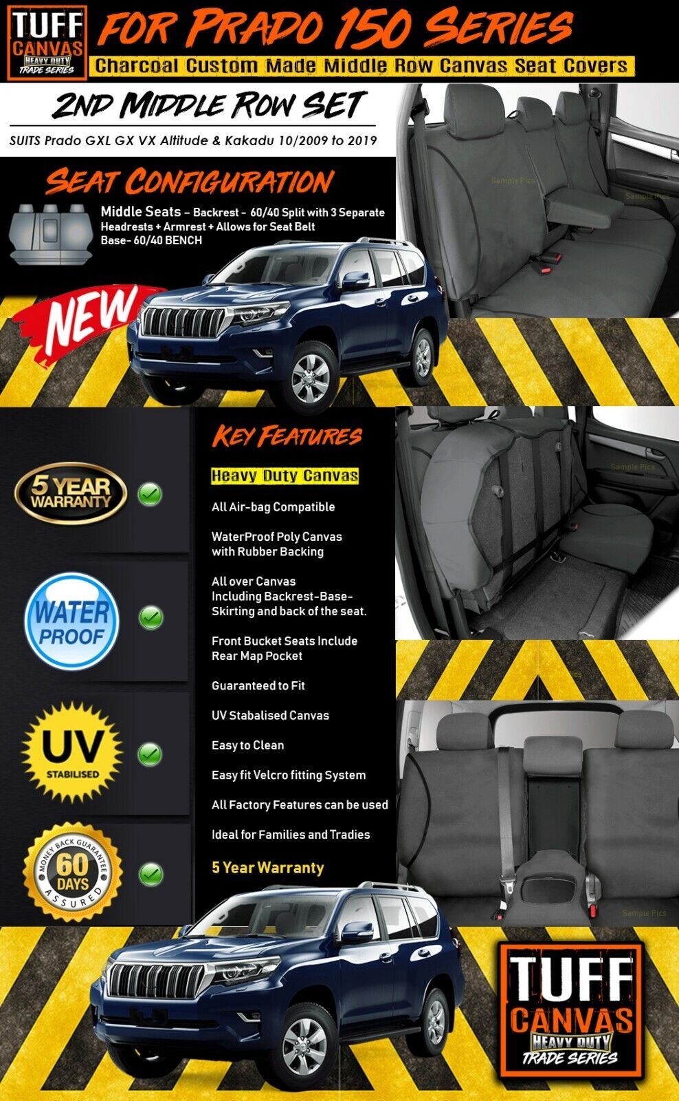 TUFF HD TRADE Canvas Seat Covers 2nd Row For Toyota Prado 150 GXL VX Kakadu 2009-2019 Charcoal