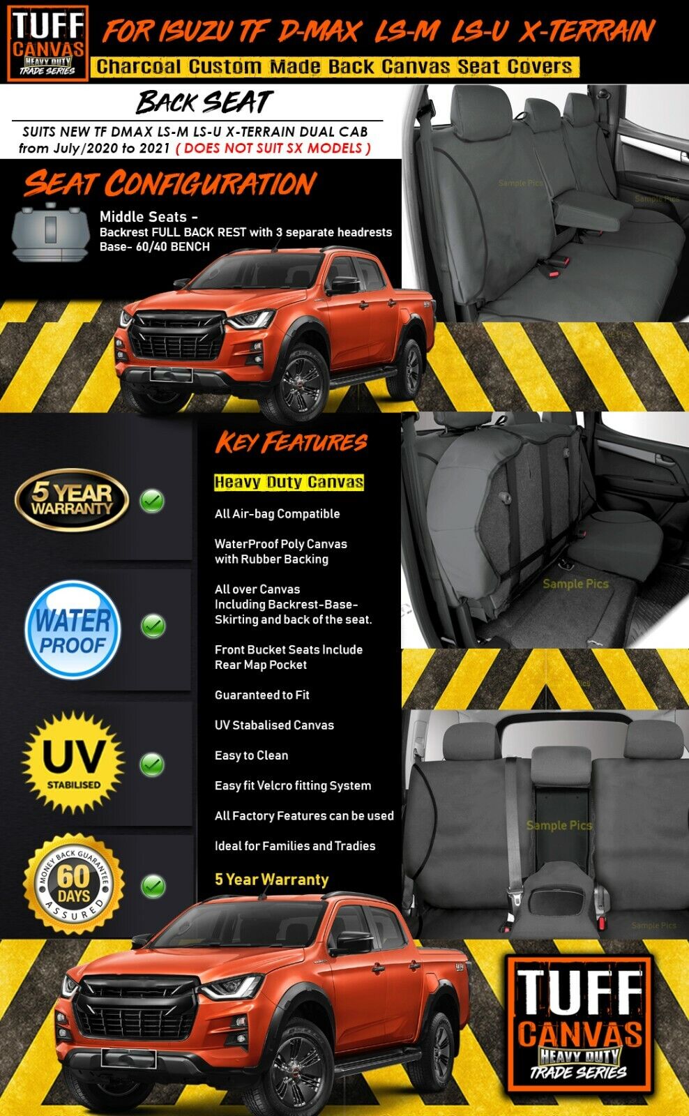 TUFF HD TRADE Canvas Seat Covers Rear For Isuzu D-MAX DMAX TF X-Terrain 7/2020-2023 Charcoal