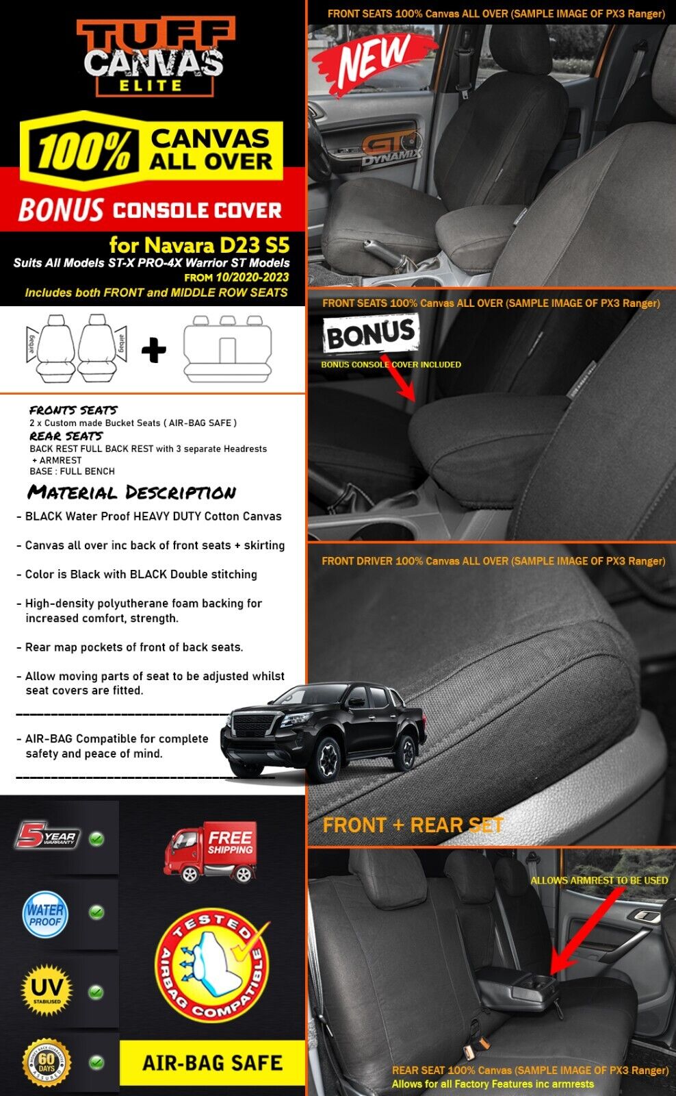Tuff Elite Canvas Seat Covers 2 Rows For Toyota Prado 150 Series GX GXL VX 7/2021-2023 Black