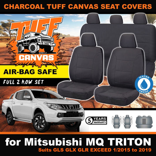 Charcoal Tuff Canvas S2 Seat Covers 2 Rows For Mitsubishi MQ Triton GLS GLR GLX 1/2015-2019