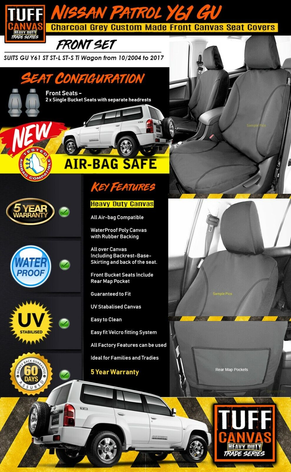 TUFF HD TRADE Canvas Seat Covers Front For Nissan Patrol GU Y61 ST ST-L Ti ST-S 2004-2017 Charcoal