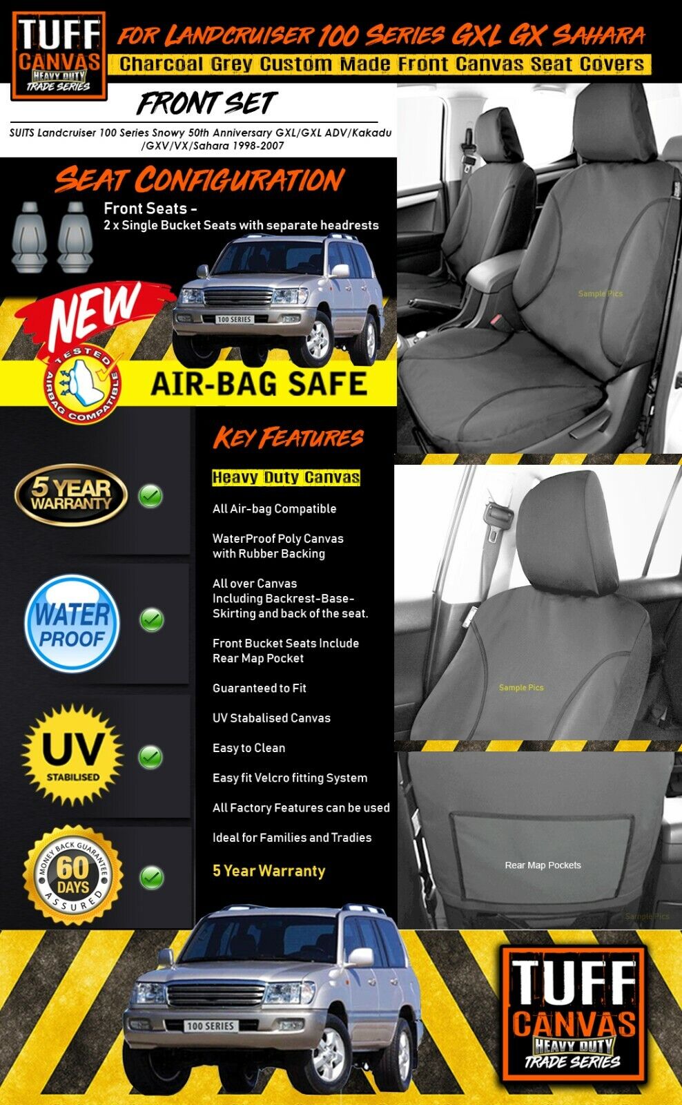 TUFF HD TRADE Canvas Seat Covers Front For Toyota Landcruiser 100 Series GXL VX GXV Charcoal