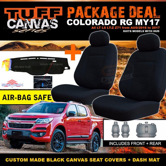Tuff Canvas Seat Covers 2 Row + Dash Mat For Holden RG Colorado 7/2016-2019 HUD Black