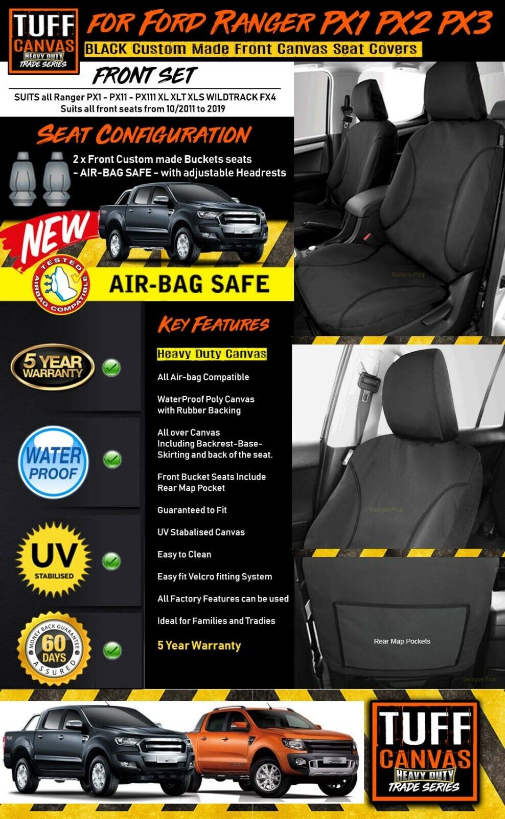 TUFF HD TRADE Canvas Seat Covers Front For Ford Ranger MK1 MK2 MK3 XLT XL 2011-2022 Black