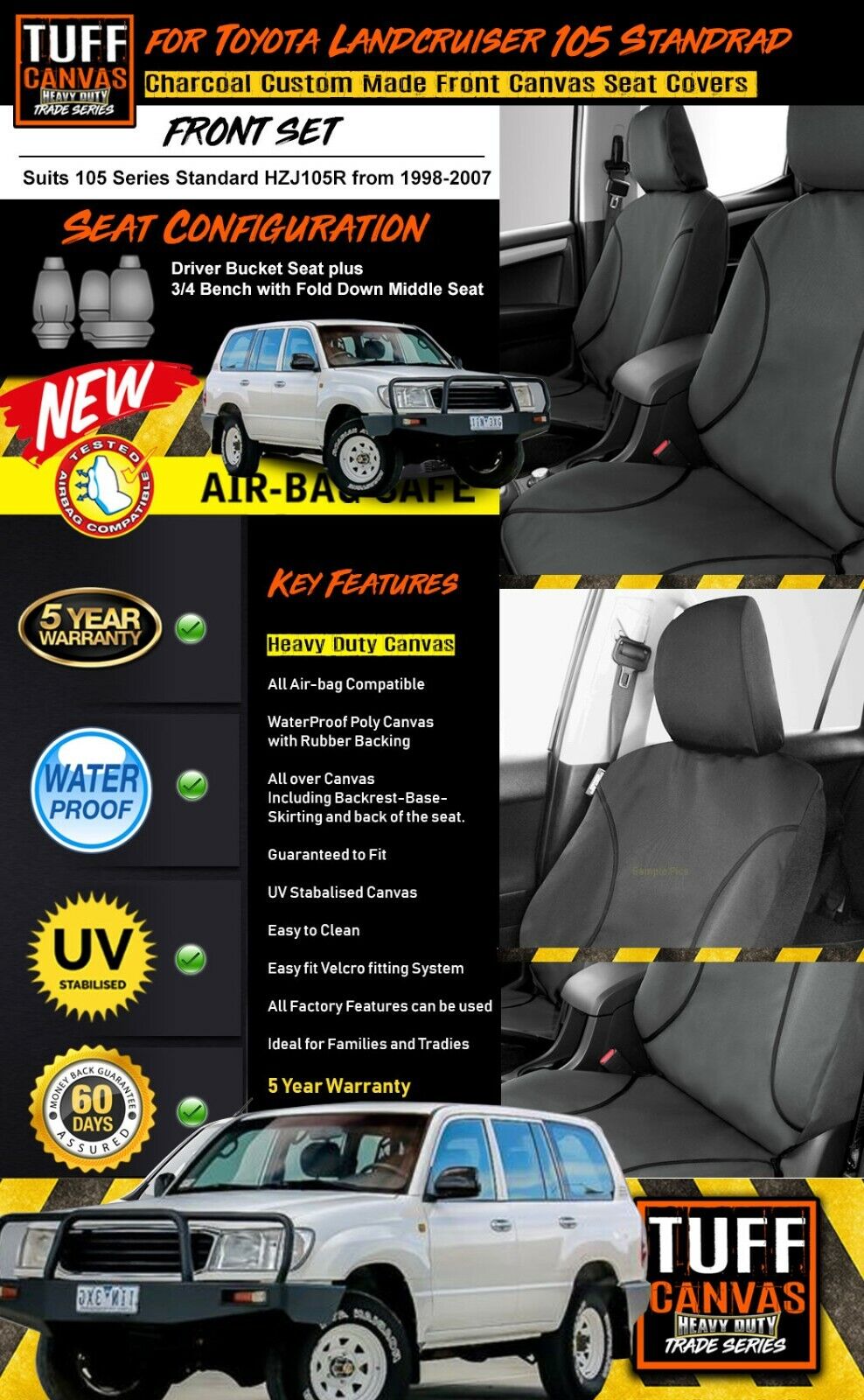 TUFF HD TRADE Canvas Seat Covers Front For Toyota Landcruiser 105 STANDARD 1998-2007 Charcoal