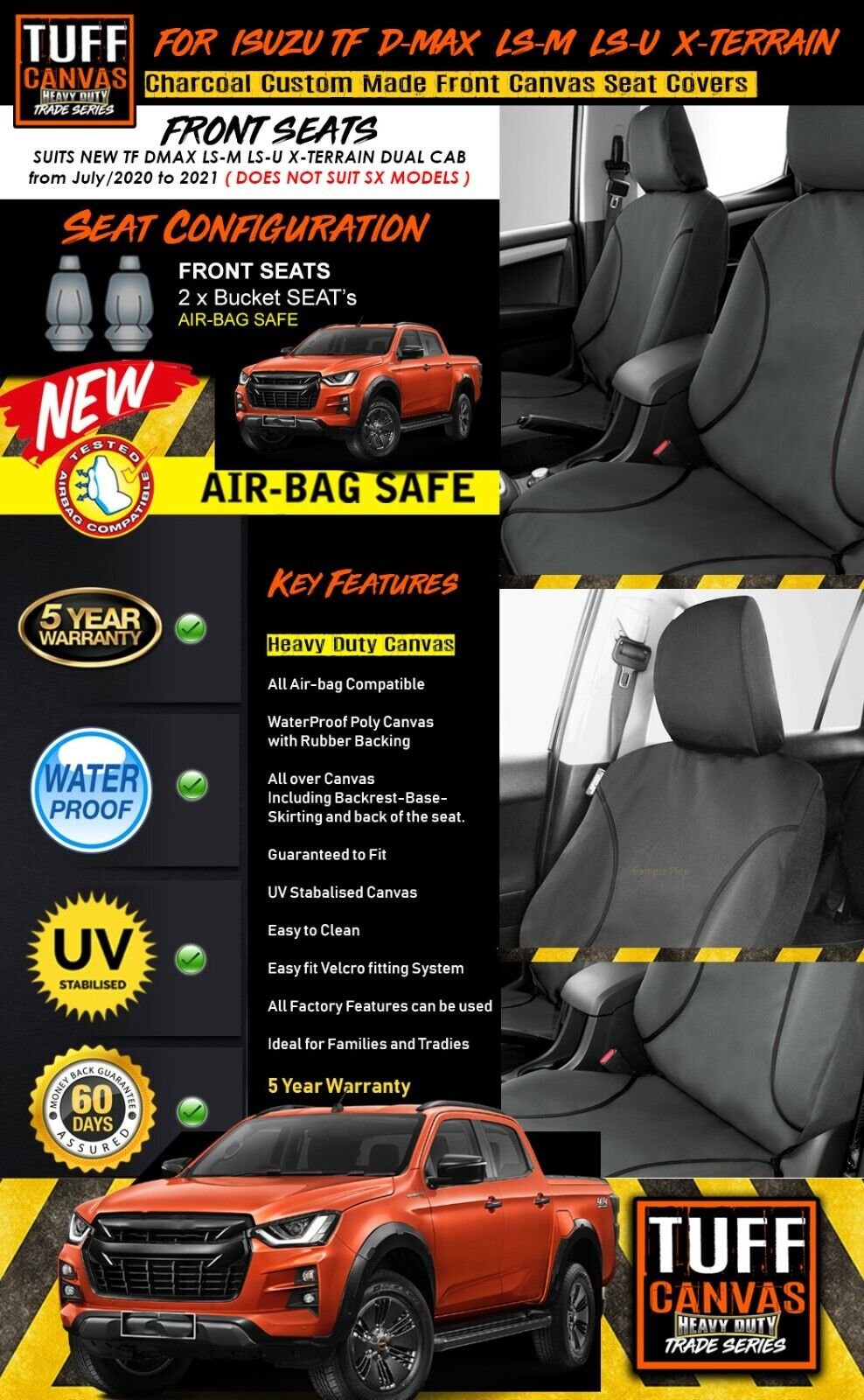 TUFF HD TRADE Canvas Seat Covers Front For Isuzu D-MAX TF X-Terrain 7/2020-2023 Charcoal