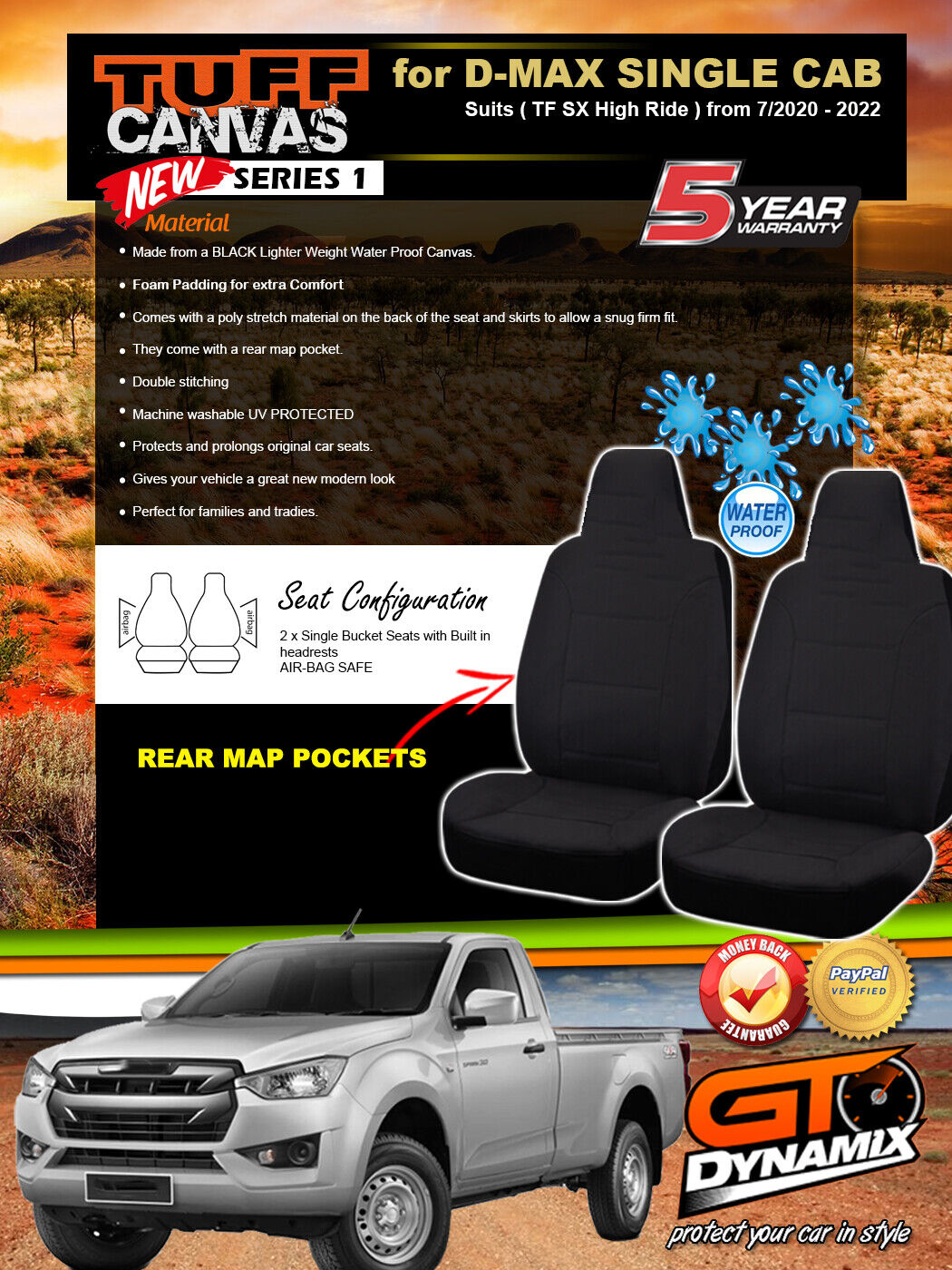Tuff Canvas Seat Covers 2 Rows For Isuzu D-MAX Single CAB TF SX High Ride 2020-2024 Black